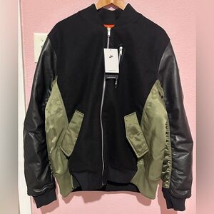 New Nike Destroyer Bomber Varsity Jacket Black olive Green Wool Leather size XL